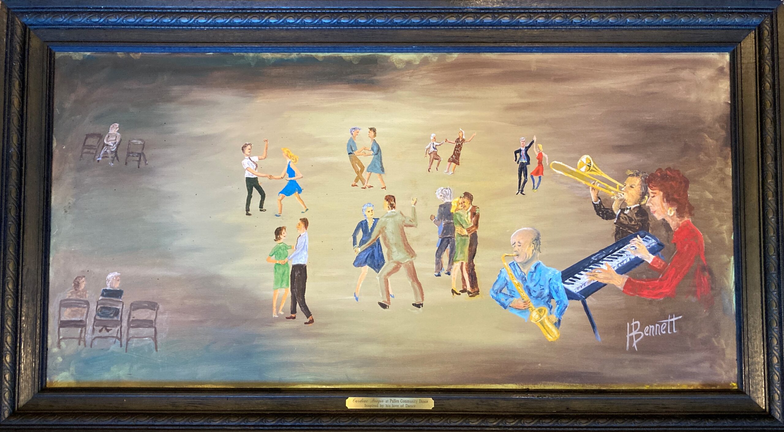 Colorful oil painting of people dancing to a live band.